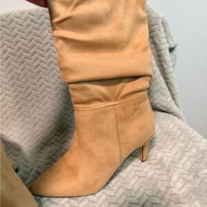 SHEIN Tan Suede Slouch Knee-High Boots with Pointed Toe